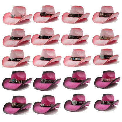 Western Thick Cowboy Hat Retro Pink Gradient Straw Hat