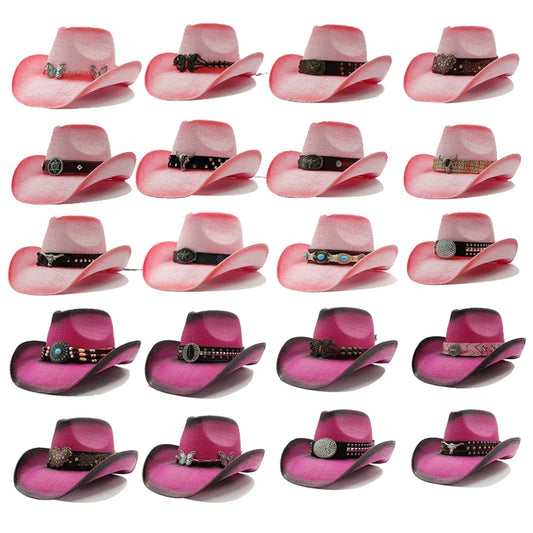 Western Thick Cowboy Hat Retro Pink Gradient Straw Hat