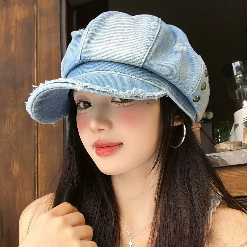 Japanese Retro Wash Denim Octagonal Newsboy Hats