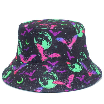 Halloween Neon Bat Moon Print Bucket Hat Unisex Fisherman Cap Spooky Cosplay Decorate Panama Hat