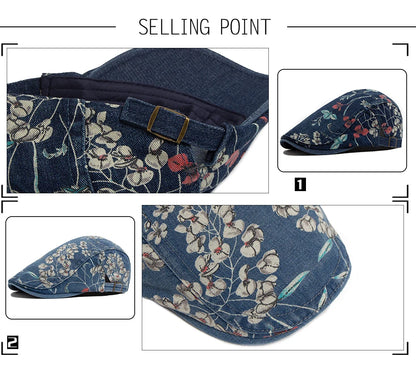 New Vintage Print Denim Beret Women Men Cotton Newsboy Cap Casual Visor Fashion Flat Hat