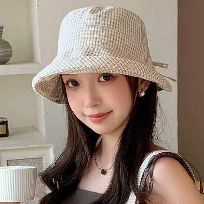 Fashion Summer Plaid Bucket Cap Curled Bow Plaid Sun Hat