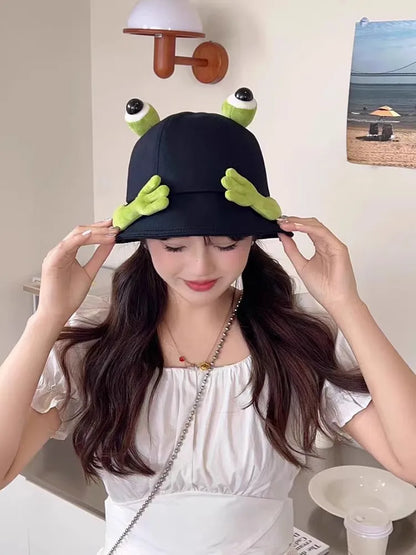 New Cute Big Eyes Frog Bucket Hats Outdoor Foldable Sun Fishing Cap Women
