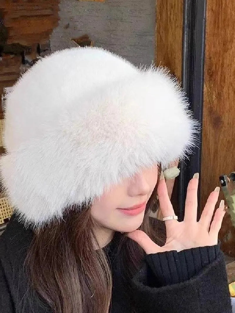 Leopard Print Furry Mongolian Hat Winter Warm Fluffy Bucket Hat