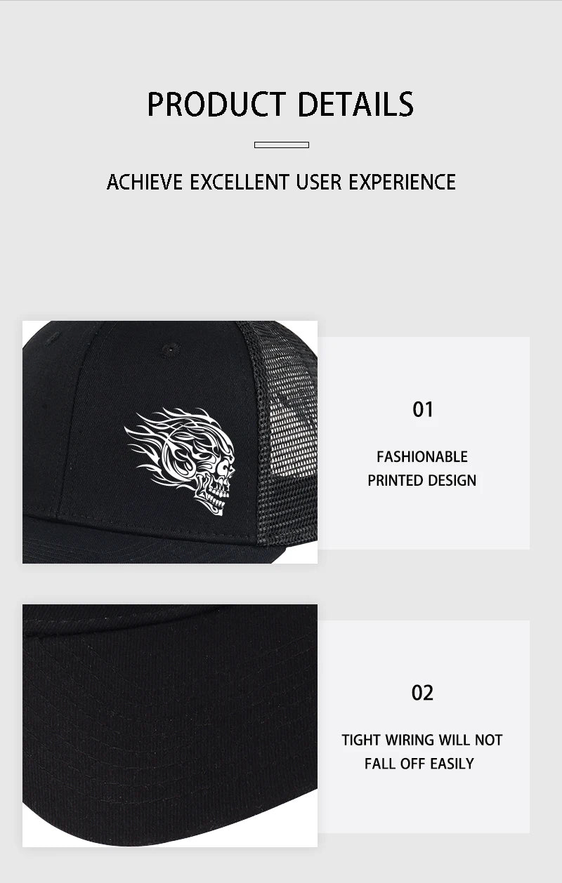 Flame Skull Print Trucker Cap Breathable Mesh Adjustable Cool & Bold Rocker Style Fashion Unisex Outdoor