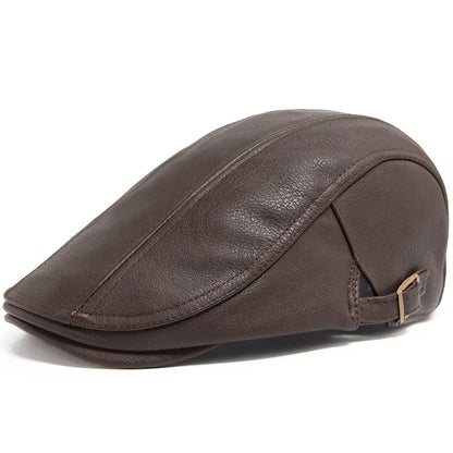 Fashion Men PU Leather Beret Autumn Winter Visor Flat Cap Thicken Warm Hat