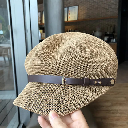 Women Summer Hollow Mesh Knit Octagonal Newsboy Cap