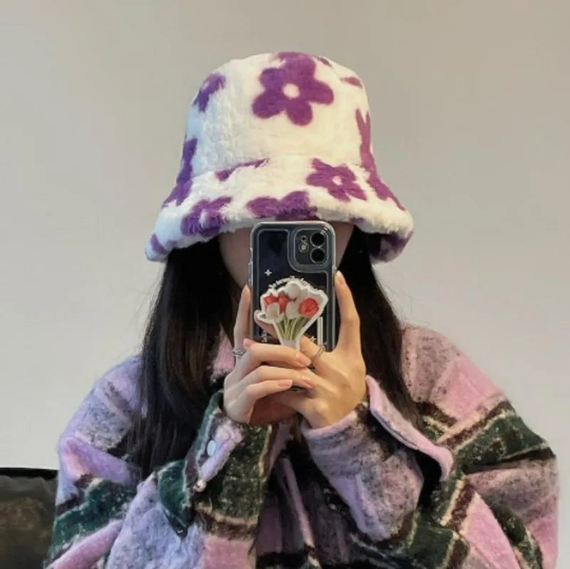 New Floral Plush Bucket Hat Women Fur Fisherman Cap