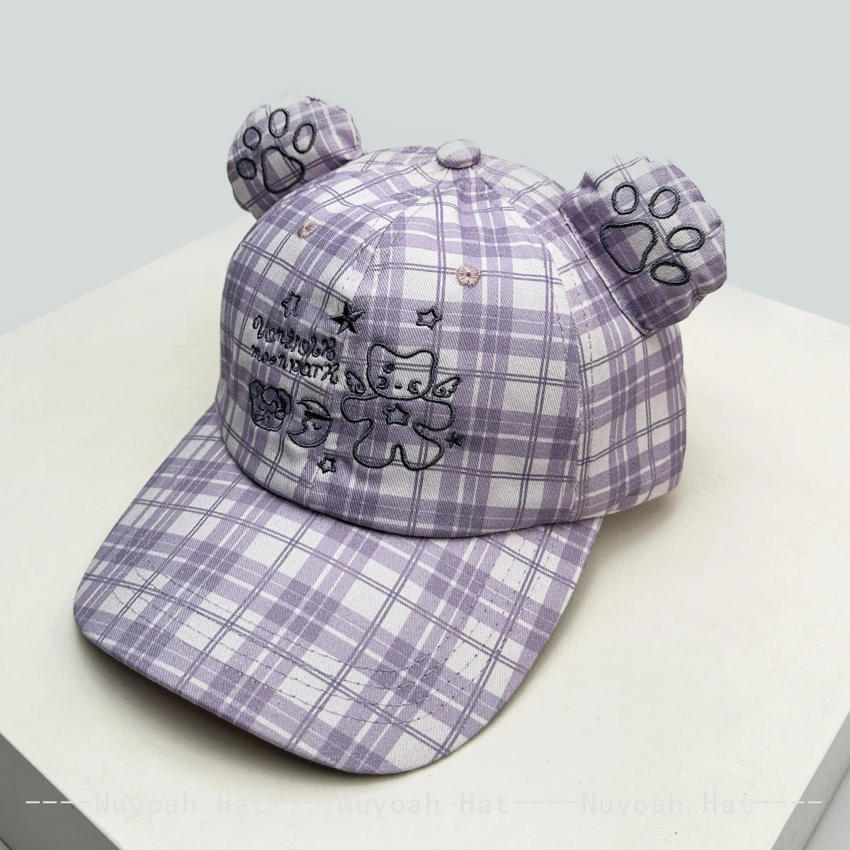Korean Style Women Cartoon Cat Bear Ears Baseball Cap Plaid Sunshade Wing Versatile Penguin Peaked Cap