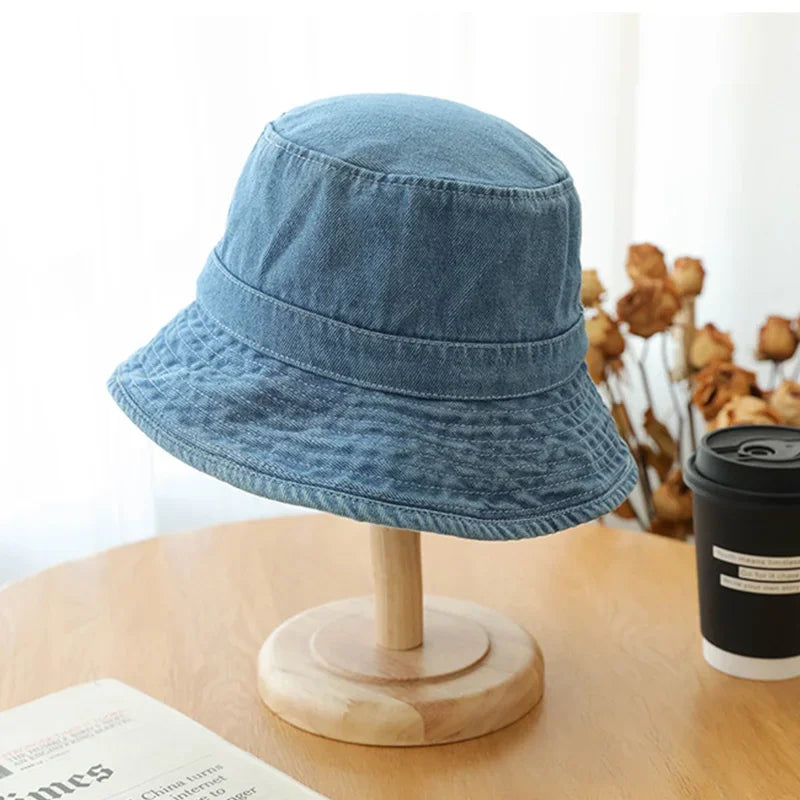 Solid Color Denim Bucket Hat Women Retro Washed
