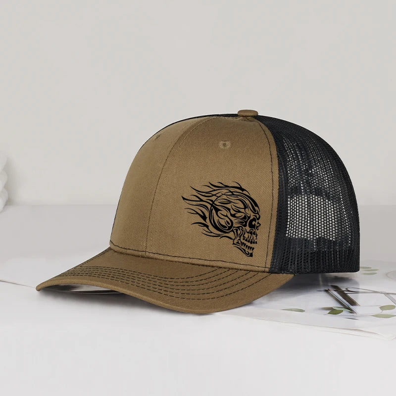 Flame Skull Print Trucker Cap Breathable Mesh Adjustable Cool & Bold Rocker Style Fashion Unisex Outdoor