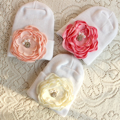 0-6 Months Newborn Knit Baby White Hat Baby Girl Knitted Bonnet Satin Diamond Flower Hat