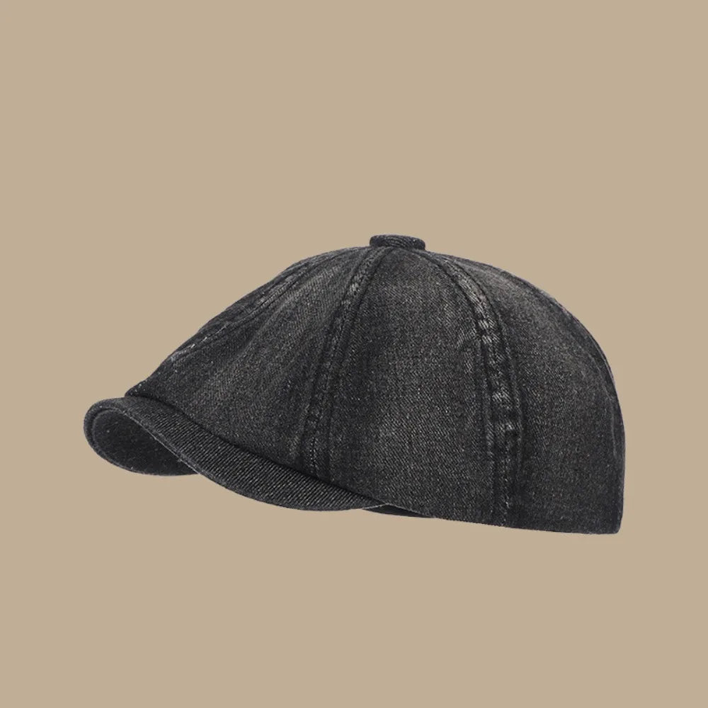 Vintage Washed Denim Newsboy Cap Versatile Short Brim Flat Peaked Hat