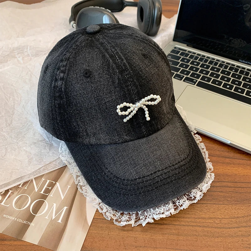 Korean-Style Bow-Tie Knit Baseball Cap Women's