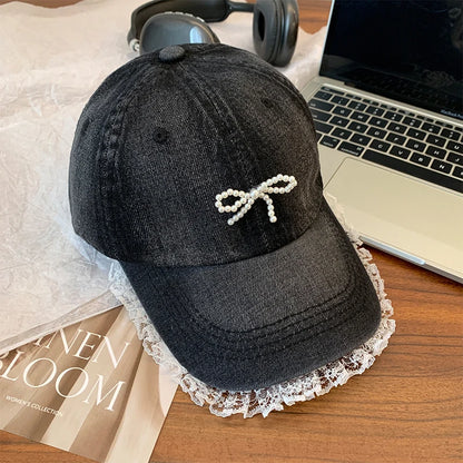 Korean-Style Bow-Tie Knit Baseball Cap Women's