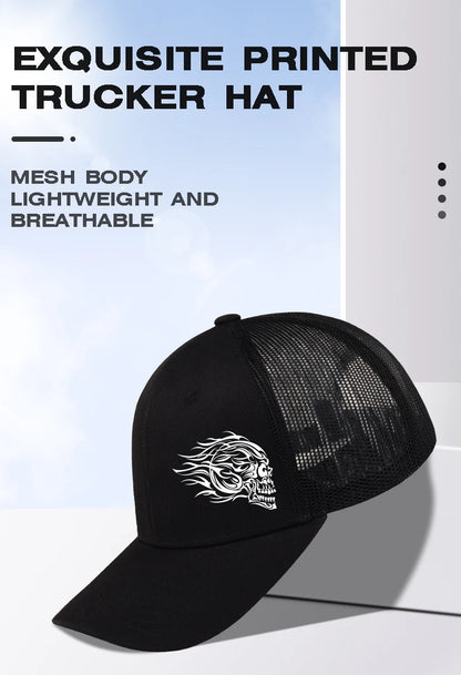 Flame Skull Print Trucker Cap Breathable Mesh Adjustable Cool & Bold Rocker Style Fashion Unisex Outdoor