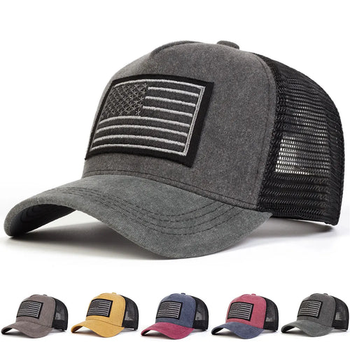 Unisex American Flag Embroidery Washed Baseball Net Caps Spring and Summer