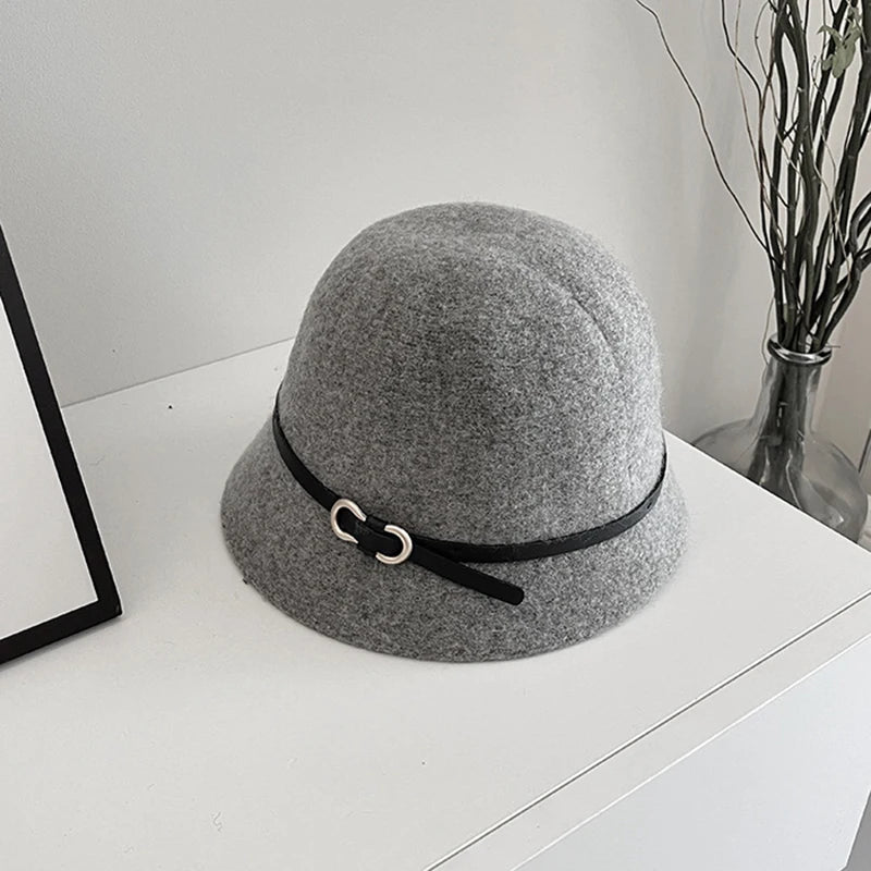 New Fashion Unisex Solid Color Wool Winter Hat With Belt Autumn Bucket Wool