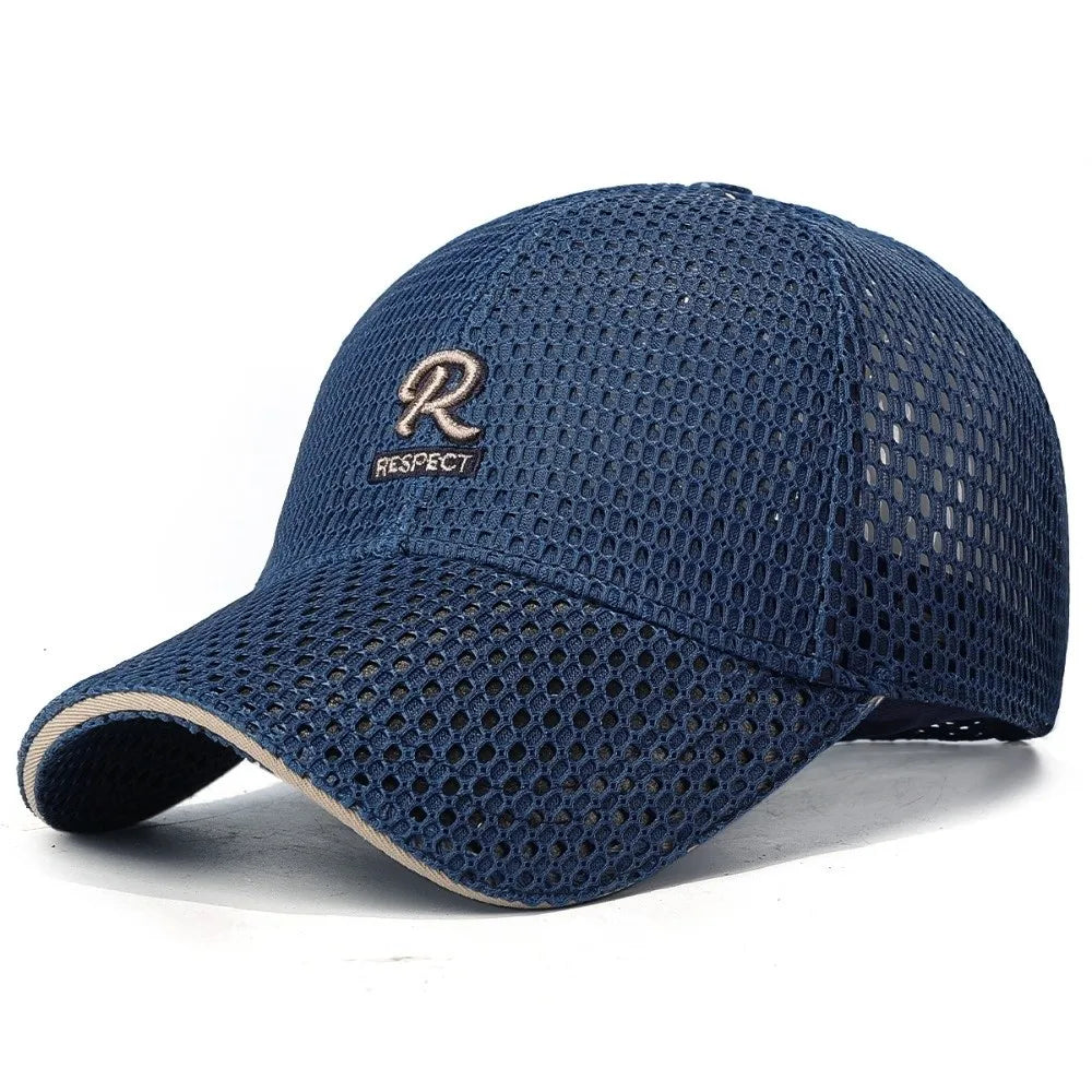 R Letter Embroidery Full Mesh Baseball Cap