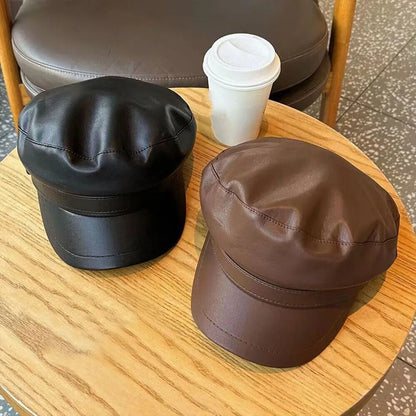 Fashion PU Leather Berets Solid Color Leisure Sun Hats