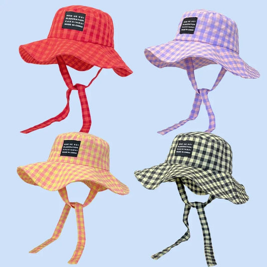 Ins Blogger Retro Plaid Tie Strap Bucket Hat Women