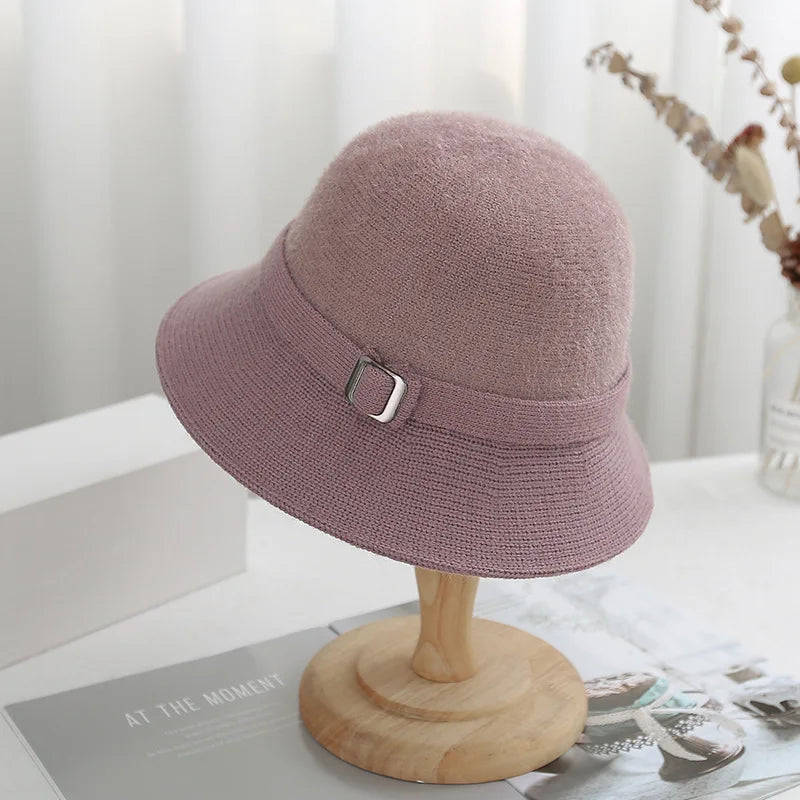 Women Knitted Bucket Hat Autumn Winter Solid Color