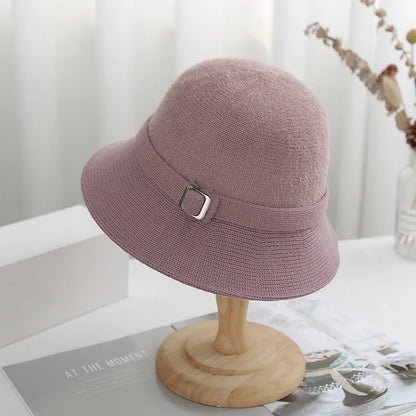 Women Knitted Bucket Hat Autumn Winter Solid Color