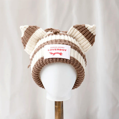 Winter Skullies Hat Unisex Cat Ear Hat Warm Crochet Knitted Hat Costume Beanie Hat