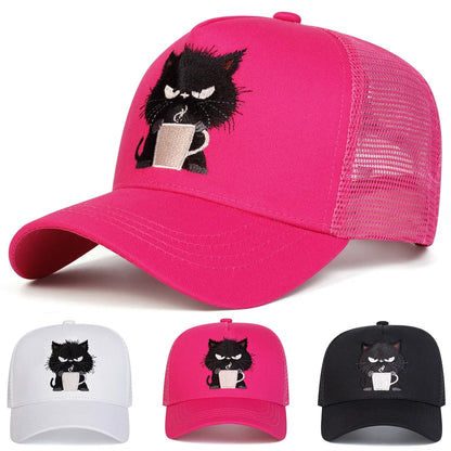 Unisex Black Cat Embroidery Baseball Net Caps Spring and Summer