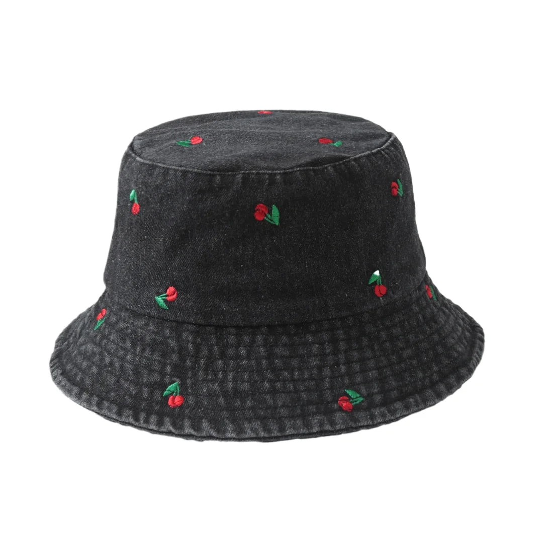 New Summer Denim Bucket Hat For Women Embroidery Watermelon Cherry Strawberry