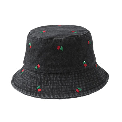New Summer Denim Bucket Hat For Women Embroidery Watermelon Cherry Strawberry