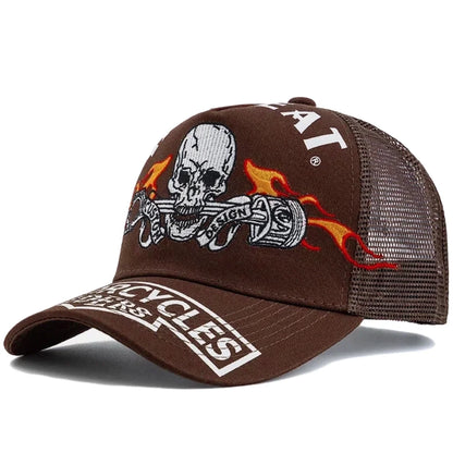 Unisex Punk Style Cap Skull Flame Piston Embroidery Sports Baseball Cap