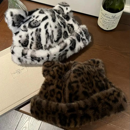 Leopard Print Fur Plush Beanie Teddy Bear Hat