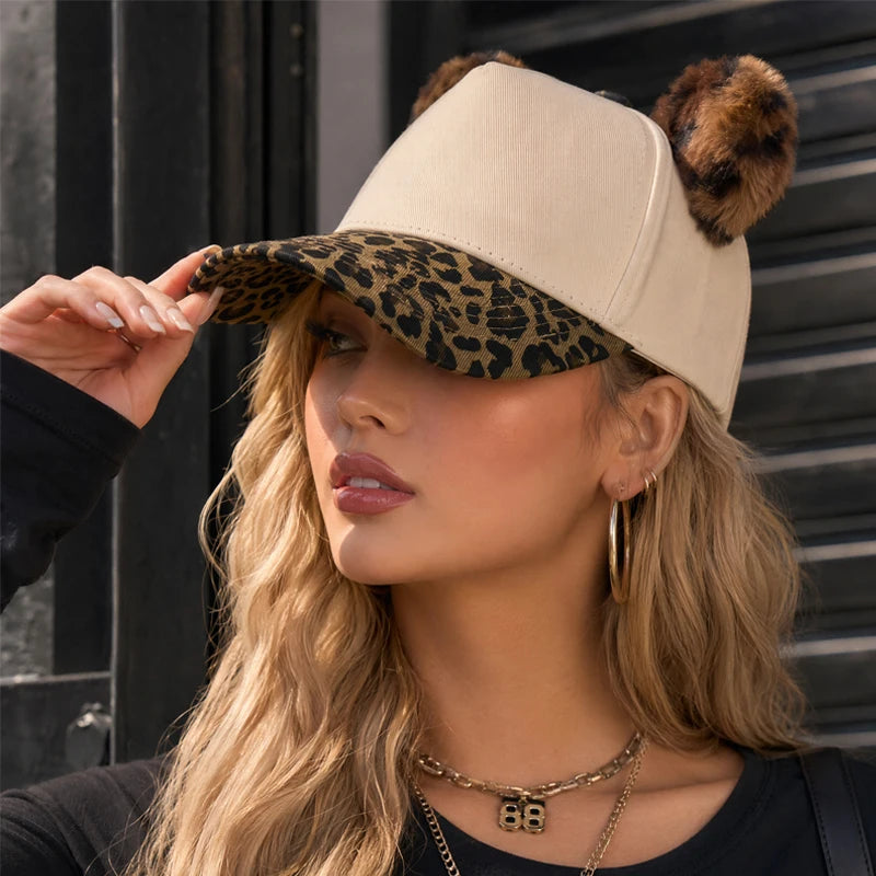 Leopard Print Brim Cat Ear Baseball Caps Women
