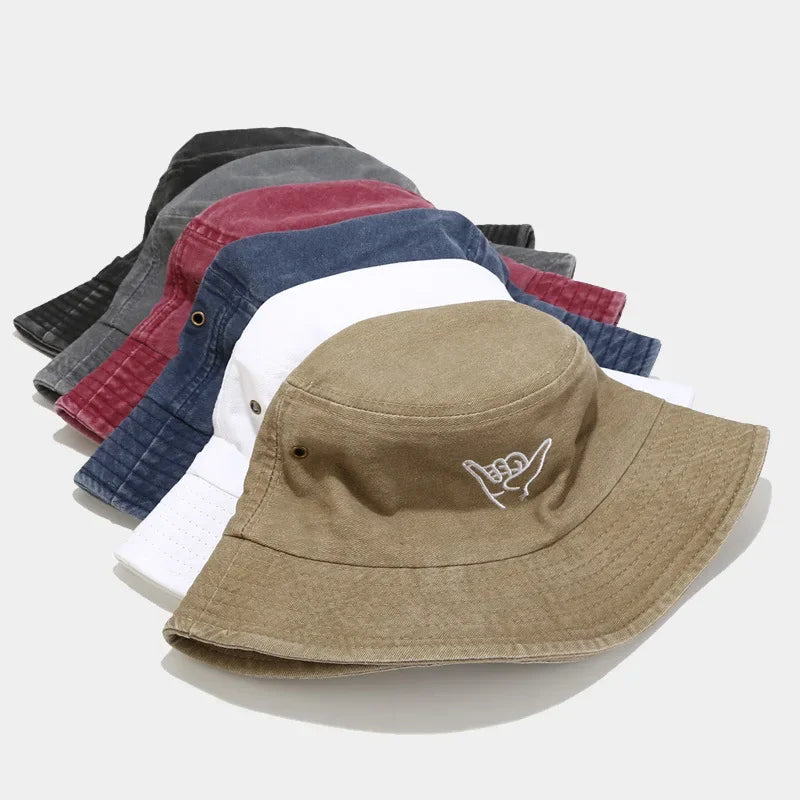 Four Seasons Cotton Cartoon Gesture Embroidery Bucket Hat