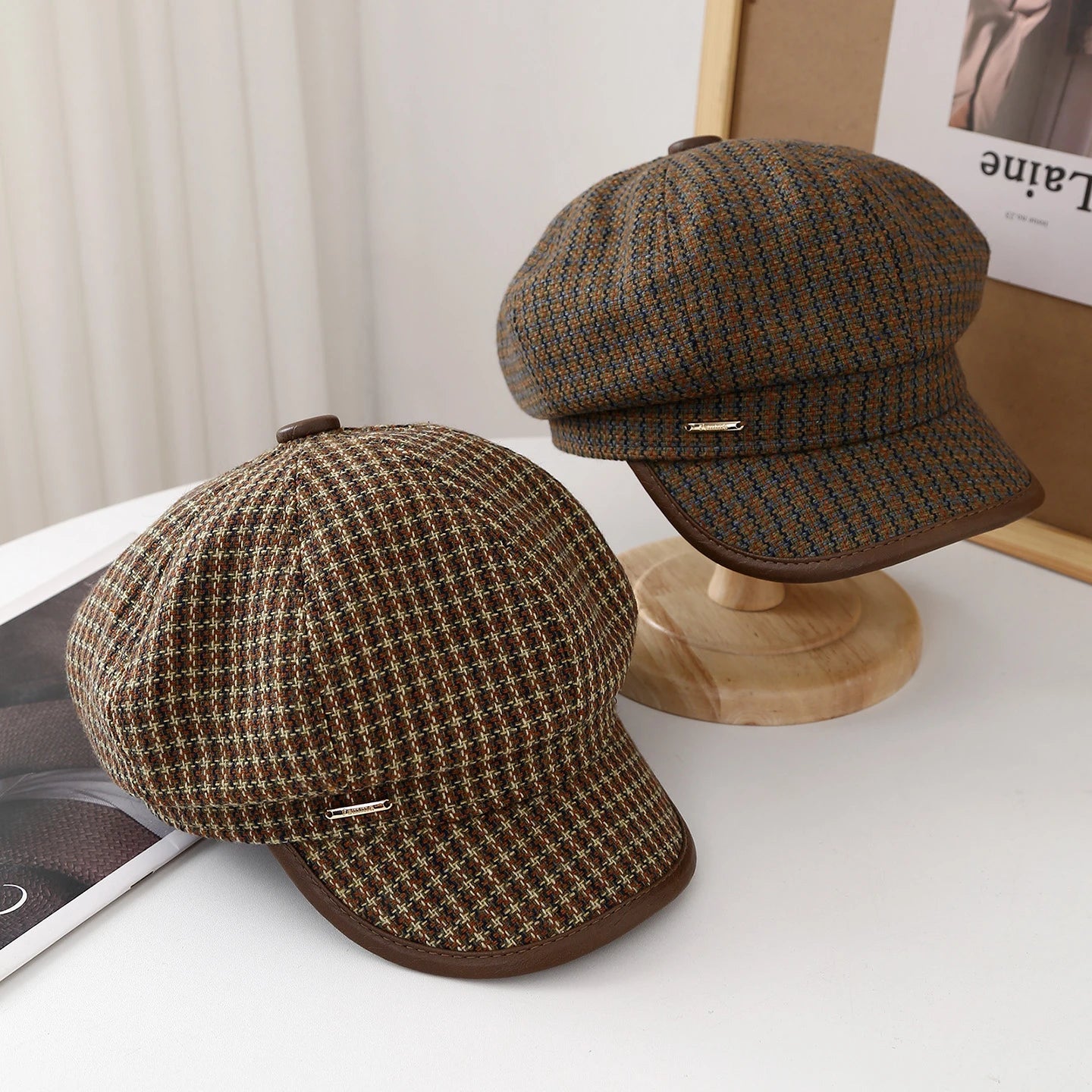 Women's Vintage Newsboy Hat - Retro Plaid Octagonal Beret Cap