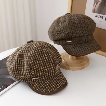 Women's Vintage Newsboy Hat - Retro Plaid Octagonal Beret Cap