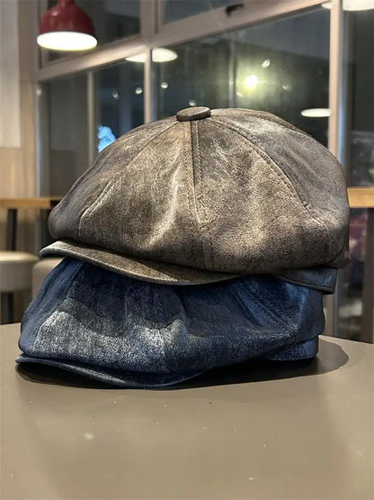 Vintage Distressed Leather Baker Boy Cap