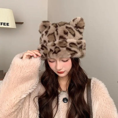 Winter Plush Teddy Bear Hat For Women Leopard Print Ear Protection Cap