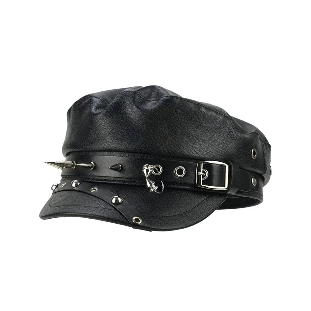 Goth Punk Beret Belt Buckle Leather Hat Spring Autumn