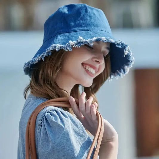 Durable Unisex Denim Bucket Hat - Frayed Brim Cotton Basin Foldable