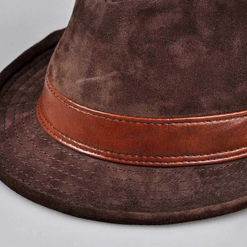 Men Genuine Leather Suede Cow Skin Nubuck Brown Fedoras Hats Women