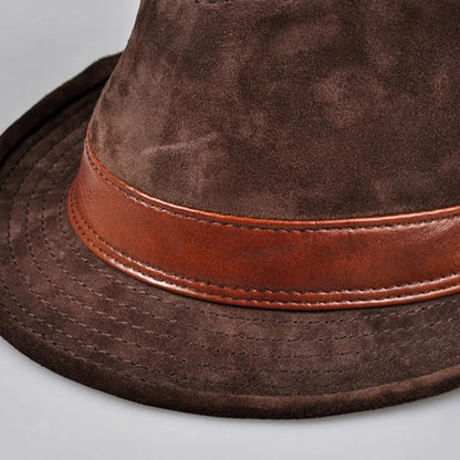 Men Genuine Leather Suede Cow Skin Nubuck Brown Fedoras Hats Women