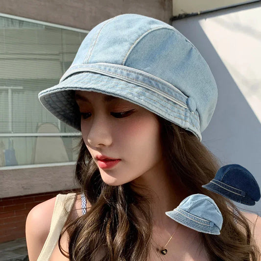 Solid Color Denim Pile Caps For Women Retro