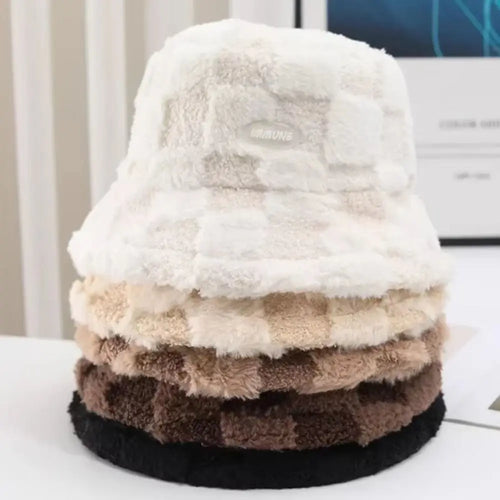 Plaid Checkered Women Bucket Hat Faux Fur Adjustable Checkered Basin Hat