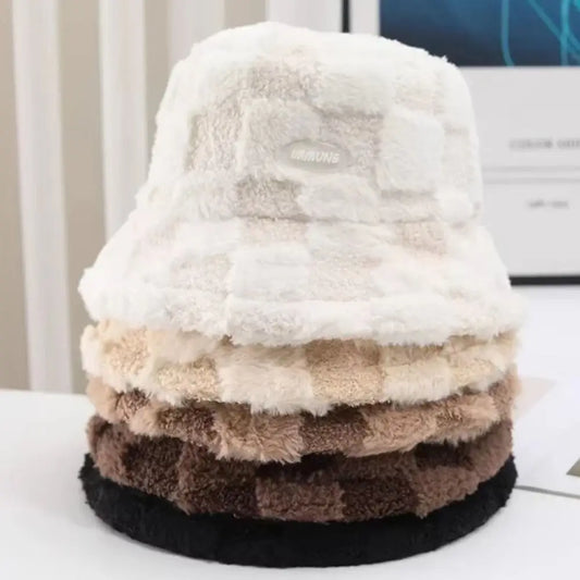 Plaid Checkered Women Bucket Hat Faux Fur Adjustable Checkered Basin Hat