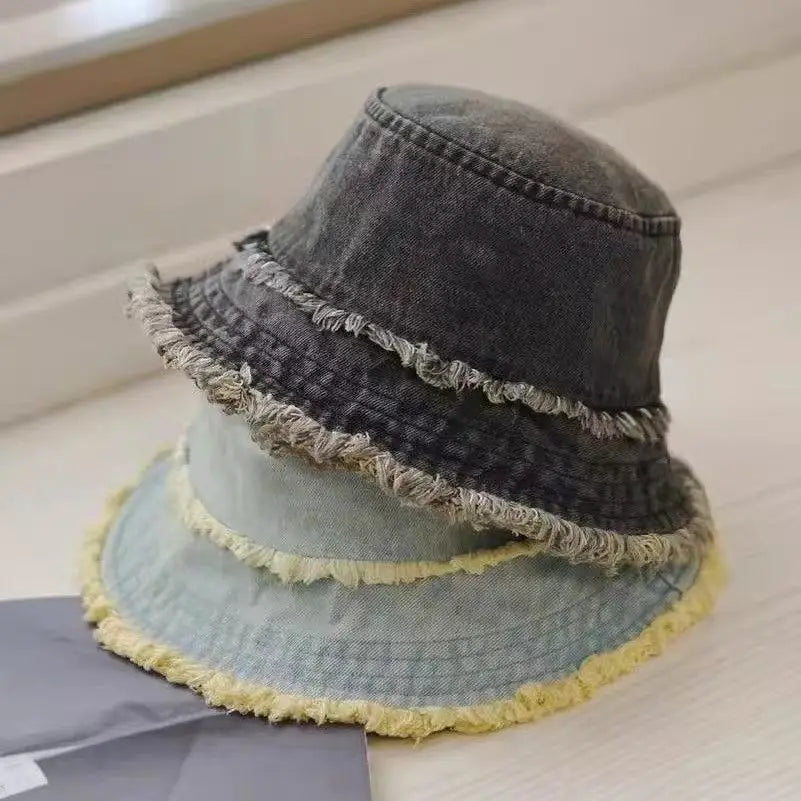 Unisex Washed Denim Bucket Hat Soft Foldable Tassel Brim Sun Hat