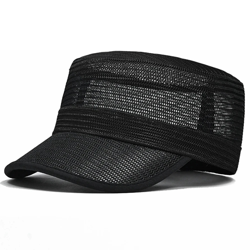Dad Summer 100% Mesh Sun Caps Male Army Flat Cap Women Cool Cadet Hat Big Bone Men