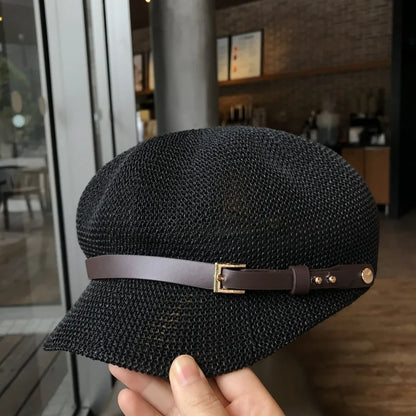 Women Summer Hollow Mesh Knit Octagonal Newsboy Cap