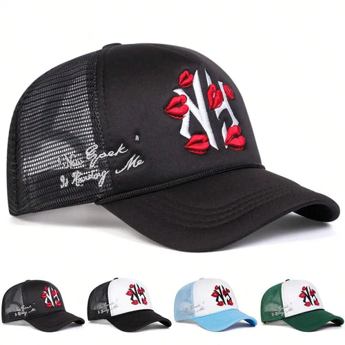 Unisex Letter Lips Embroidery Baseball Net Caps Spring and Summer